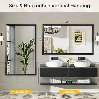 60x36 Inch Black Bathroom Mirror for Wall, Thick Metal Framed Rectangle Mirrors for Over Sink, Bedroom, Living Room, Entryway, Anti-Rust, HD Tempered Glass
