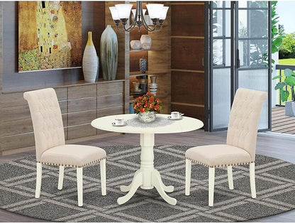 East West Furniture DLBR3-WHI-02 3 Piece Modern Dining Table Set Contains a Round Wooden Table with Dropleaf and 2 Light Beige Linen Fabric Parson Dining Chairs, 42x42 Inch, Linen White