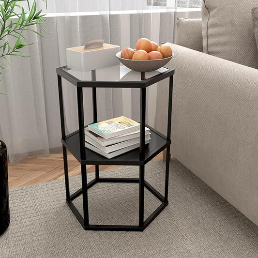 Side Table with 2-Tier Storage Shelf, Modern End Tables for Living Room Office Small Spaces, Glass Black End Table with Metal Frames, Nightstand for Bedroom, Bedside Furniture