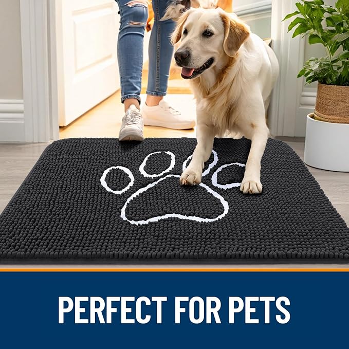 OLANLY Door Mat for Muddy Dog Paws 70x46, Ultra Absorbent Chenille Mud Doormat with Paw Print Design, Non-Slip Washable Doormat for Indoor Entryway, Quick-Dry Pet Bed Mats for Dirty Dogs, Dark Grey