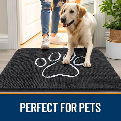 OLANLY Door Mat for Muddy Dog Paws 24x16, Ultra Absorbent Chenille Mud Doormat with Paw Print Design, Non-Slip Washable Doormat for Indoor Entryway, Quick-Dry Pet Bed Mats for Dirty Dogs, Dark Grey