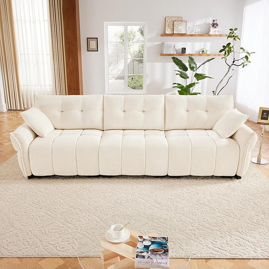 Modern Chenille Fabric 3-Seat Sofa w/ 2 Pillows, Premium Upholstery Living Room Couch with Tufted Backrest & Comfortable Armrests and High-Resilience Memory Foam Cushions,White