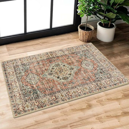 Lahome Oriental Door Mat Indoor Entrance, 2x3 Washable Indoor Rugs for Entryway Soft Small Kitchen Rugs Non Slip Ultra-Thin, Vintage Door Mat Carpet for Bedroom Bathroom, Peach/Orange