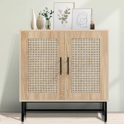 KFO Storage Cabinet with Handmade Natural Rattan Doors, Rattan Buffet Cabinet, Sideboard for Living Room, Hallway, Dining Room, Entryway
