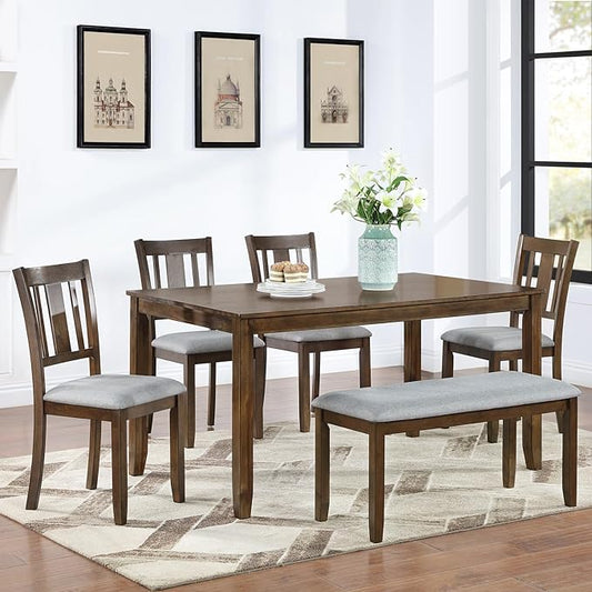 KEIKI 6-Piece Standard Height Dining Table Set with Rectangular Table, 4 Upholstered Slatted Backrset Chair, Bench, for 6 Person, Modern Table Set, Easy Assembly, for Kitchen, Dining Room, Walnut