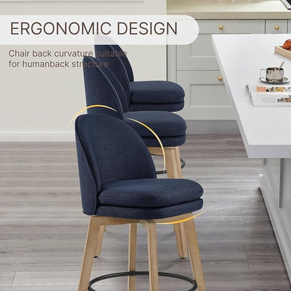 Counter Height Barstools 26 inch Upholstered Swivel Bar Stools with Back and Wood Legs for Kitchen Island,Set of 4,Blue Fabric-Armless
