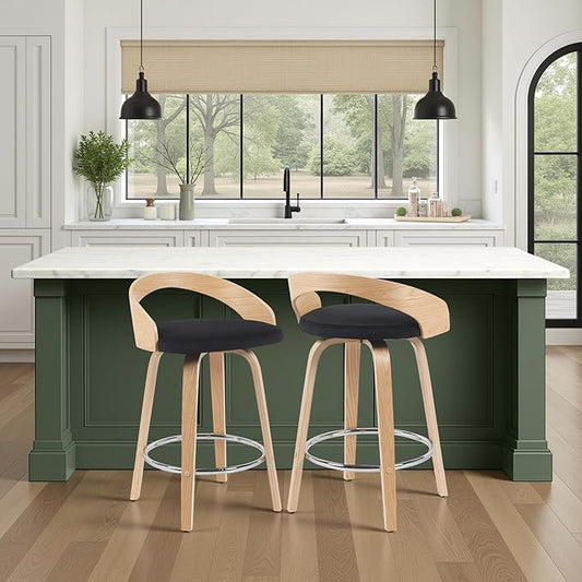 Sonia Modern Swivel Counter Height Bar Stool with Black Upholstered Seat and Patterned Oak Wood Finish Set of 3