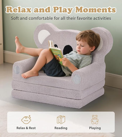 Kids Couch, 2-in-1 Soft Toddler Couch Fold Out with Blanket, Chair Comfy, Foldable Convertible Plush Sofa to Lounger, Gifts for Kids Girl Boys, Koala