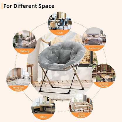 Comfy Saucer Chairs, Gray Folding Reading Lounge Chair, Cozy Faux Fur Living Room Chair with Soft Thick Padded Seat & Metal Frame, Modern Style Bedroom Home for Kids Adults, X-Large, Gold Legs