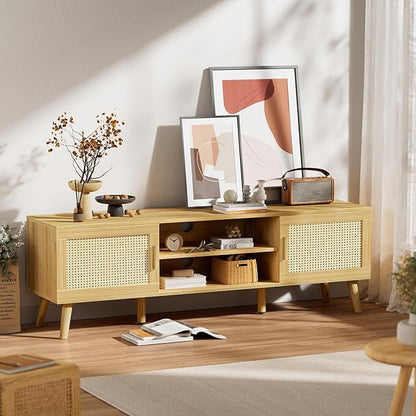 SUPERJARE Boho TV Stand for 65 Inch TV, Entertainment Center with Adjustable Shelf, Rattan TV Console with 2 Cabinets, Media Console, Solid Wood Feet, 4 Cord Holes, for Living Room - Natural