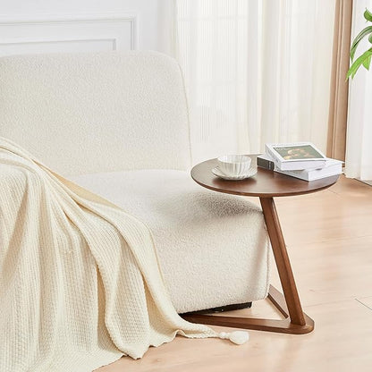 CozyDH Round End Table, Solid Wood C Shape Round Side Table, Walnut Coffee Bedside Table, Small Nightstand for Bedroom Living Room Office
