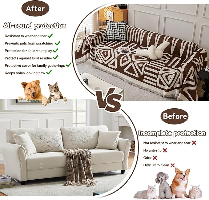 HANDONTIME Chocolate Boho Couch Cover Reversible Sofa Covers for 3 Cushion Couch Washable Couch Sofa Cover for Dogs Dark Couches Covers Chenille Couch Protector Couch Covers for Sofa, 59" X71"