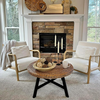 RANDEFURN Round Coffee Table, Seagrass Coffee Solid Pine Wood X Base Frame Cocktail Table, Easy Assembled, Multiple Sizes for Living Room, 32 x 17 Inches,Gold