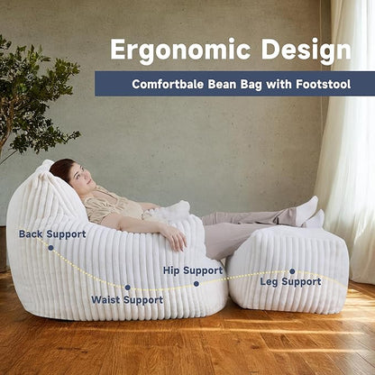 Giant Bean Bag Chairs for Adults, Oversized Chaise Lounge Chair Indoor with Memory Foam - Plush Boneless Lounger & Ottoman for Bedroom, Living Room, Gaming & Reading, Lazy Floor Sofa Chair, Beige