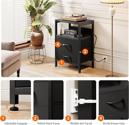 NightStand Bedside Charging Table Bedroom - Night Stand with Charger Station, Modern Nightstand with Open Shelf & 2 Fabric Drawers, Bed Side Table with USB-C USB Ports & AC Outlets for Dorm, Black