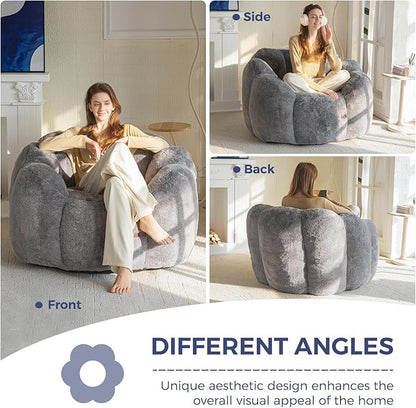 MAXYOYO Bean Bag Chair for Adults, Floral Shaped Bean Bag Sofa, Ultra Soft Faux Fur Floor Sofa, Large Reading Chair for Living Room Bedroom, Dark Grey, Single