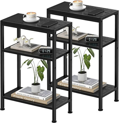 Narrow Side Table for Small Space Set of 2,3-Tier Small End Table with Shelf Holder, Slim Nightstand, Skinny Snack Couch Table in Living Room, Bedroom, Study, Kitchen and Balcony（Black