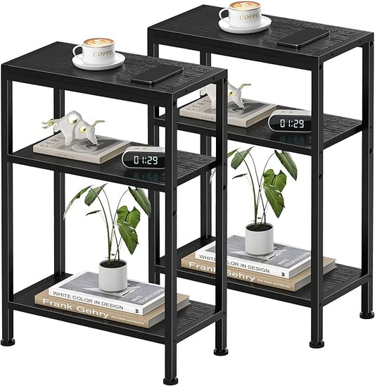 Narrow Side Table for Small Space Set of 2,3-Tier Small End Table with Shelf Holder, Slim Nightstand, Skinny Snack Couch Table in Living Room, Bedroom, Study, Kitchen and Balcony（Black