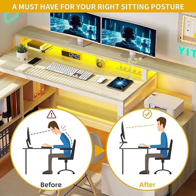 DWVO L Shaped Desk with Drawers, 65" Computer Desk with Power Outlets & LED Lights, Corner Home Office Desk with Storage Shelves & Printer Stand, White & Oak