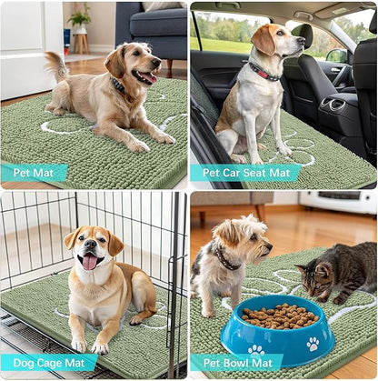 OLANLY Door Mat for Muddy Dog Paws 59x24, Ultra Absorbent Chenille Mud Doormat with Paw Print Design, Non-Slip Washable Doormat for Indoor Entryway, Quick-Dry Pet Bed Mats for Dirty Dogs, Sage Green