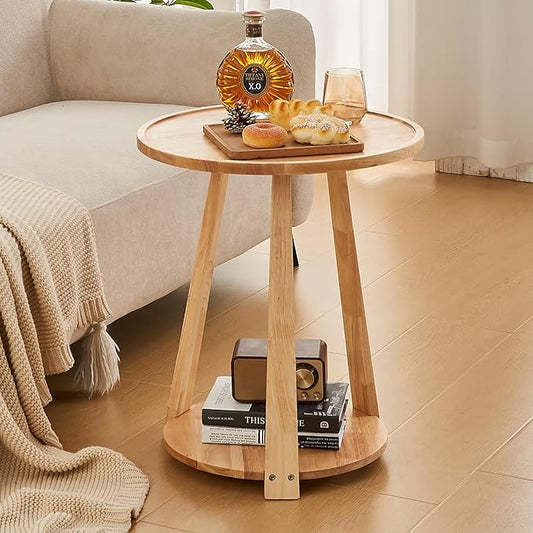 Round Solid Wood Side Table - Small Round Wooden End Table, Modern Living Room Side Beside Tables with Shelf for Couch Sofa Armchair Office Bedroom, Natural, 19.6 in x 19.6 in x 23.6 in