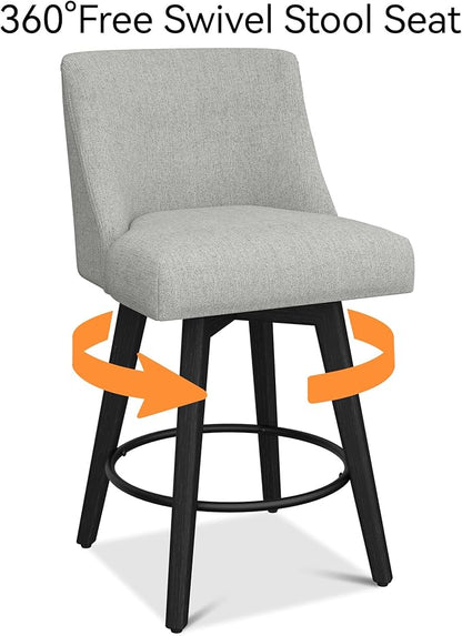 Counter Height Bar Stools Set of 2, Modern Swivel Barstools with Back and Wood Legs, Linen Fabric Upholstered Counter Height Stools, 26" H Kitchen Island Stools, Home Bar, Light Grey