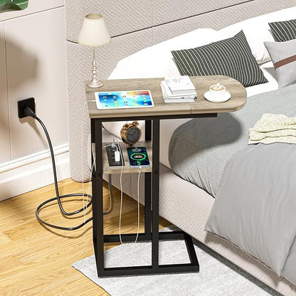 C Table End Table with Charging Station, Couch C Shaped Side Table for Living Room, Bedroom, Laptop Table with USB Ports and Type-C Port, Snack Tray Table for Couch