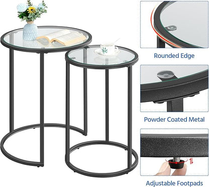 Yaheetech Round Nesting End Table Set of 2,Stacking Side Tables,Coffee Tables Set w/Metal Frame & Glass Top & Protective Foot Pads for Small Space, Living Room, Office- Black