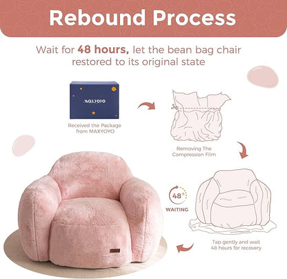 MAXYOYO Bean Bag Chair, Comfy Pebble Shaped Single Bean Bag Sofa for Adults, Stuffed Floor Sofa with Supportive Backrest & Armrests, Modern Faux Fur Accent Chair for Living Room & Bedroom, Pink