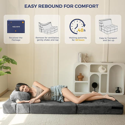 MAXYOYO Convertible Sofa Bed, Fold Out Single Sleeper Sofa with Pillow, 4 in 1 Tufted Folding Couch Bed Foam Floor Couch, Lazy Chair for Living Room Bedroom Guest Room, Dark Grey