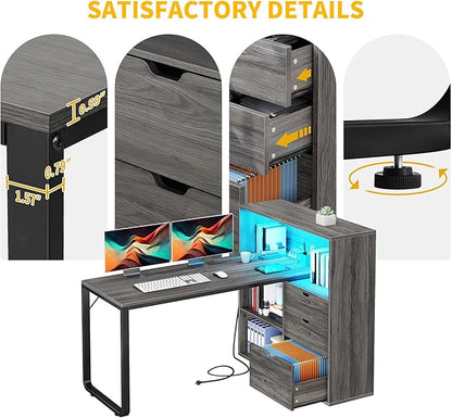 DWVO L Shaped Desk with Drawers, 55" Corner Computer Desk with Bookshelf & Power Outlets & LED Lights, Home Office Desk with Storage Shelves, Grey