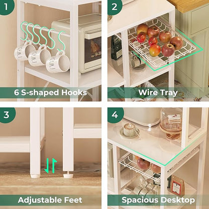 SUPERJARE Bakers Rack with Power Outlet, 35.4 Inches Coffee Bar with Wire Basket, Kitchen Microwave Stand with 6 S-Shaped Hooks, Open Storage Shelves, White