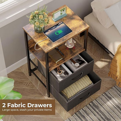 Seventable Nightstand with Charging Station, Bedside Table with LED Lights, Night Stand with 2 Fabric Drawers, 3-Tier Storage End Table for Bedroom, Rustic Brown
