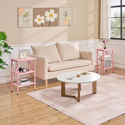 VECELO End Table, Bedside Table, 24" Tall Living Room End Tables, X-Design Reinforced Nightstands, Side Table with 3-Tier Storage Shelves for Small Spaces, Office, Bathroom, Bedroom, Pink
