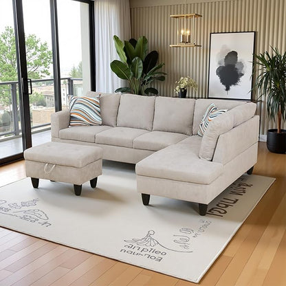97" Oversized Sectional Couch, L Shaped Couch with Storage Ottoman, Modern Modular Sofa with Deep Seat, Sectional Couches for Living Room and Office, Off-White (Flannelette)