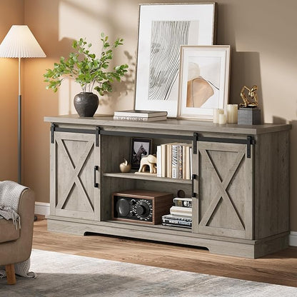 CABIHOME Farmhouse Tv Stand for 65 Inches TVs, Entertainment Center with Storage and Sliding Barn Doors, Adjustable Shelf Modern Media TV Console TV Stand Table for Living Room, Bedroom, Grey