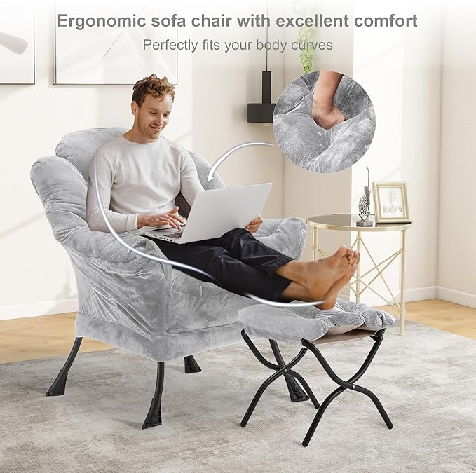 Fabric Lazy Chair with Ottoman, Oversized Upholstered Sofa Chair for Adults, Plush Comfy Lounge Chair with Large Side Storage Pocket, Reading Chair for Living Room, Bedroom, Dorm, Light Gray