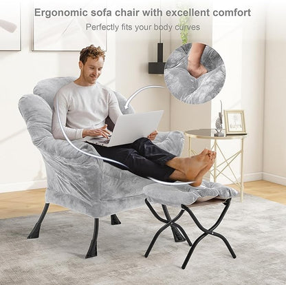 Fabric Lazy Chair with Ottoman, Oversized Upholstered Sofa Chair for Adults, Plush Comfy Lounge Chair with Large Side Storage Pocket, Reading Chair for Living Room, Bedroom, Dorm, Light Gray