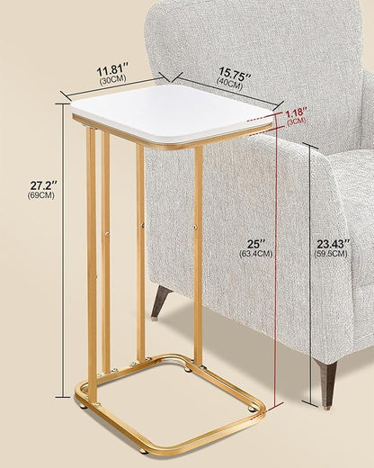 C Shaped End Table Set of 2, 27 Inches High Small Side Table for Sofa and Bed, Couch Table That Slides Under, Tall Tv Tray Table for Living Room, Bedroom, Metal Frame, Gold & Snow White