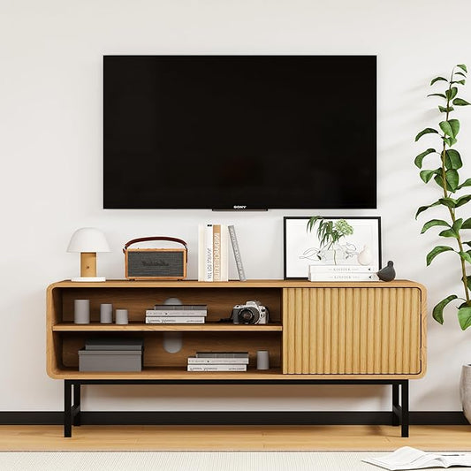 TV Stand,Mid Century Modern Entertainment Center with 2 Open Shelves，Farmhouse TV Media Console Table for Living Room,Bedroom,Television Stand up to 50 Inches,Yellow Oak