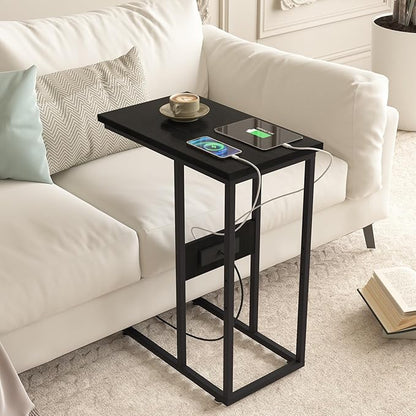 VECELO C Shaped End Side Table with Charging Station & Power Outlets for Couch Sofa/Bed, Snack TV Tray with Metal Frame for Living Room Bedroom 2 Set, Black