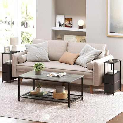TUTOTAK Small Narrow End Table, Set of 2, Side Table, Nightstand with 2 Cloth Drawers, Couch Table, for Living Room, Bedroom, Bedside, Black TB01BK054
