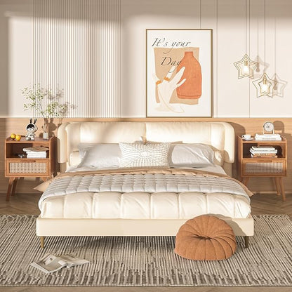Lerliuo Rattan Nightstands Set of 2, Side Table with Drawer, Cane Accent Bedside End Table with Solid Wood Legs, Mid Century Modern Night Stand for Bedroom, Dorm and Small Spaces (Tea Brown)