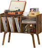 Lerliuo Record Player Stand with 4 Cabinet Holds Up to 220 Albums, Large Turntable Stand with Beech Wood Legs, Mid-Century Record Player Table,Brown Vinyl Holder Storage Shelf for Bedroom Living Room