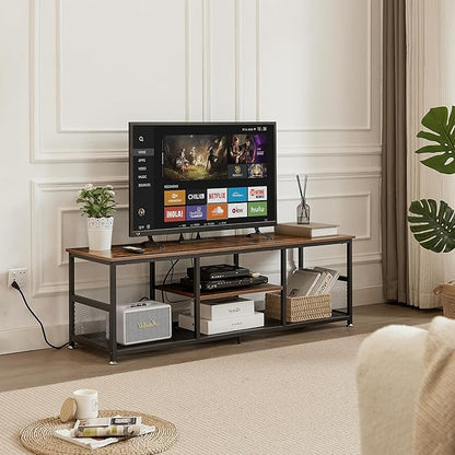 VECELO TV Stand with Power Outlets for Televisions up to 65Inch, 55" Media Entertainment Center with Charging Station 3-Tier Open Storage Shelves with Metal Frame for Living Room/Bedroom，Brown