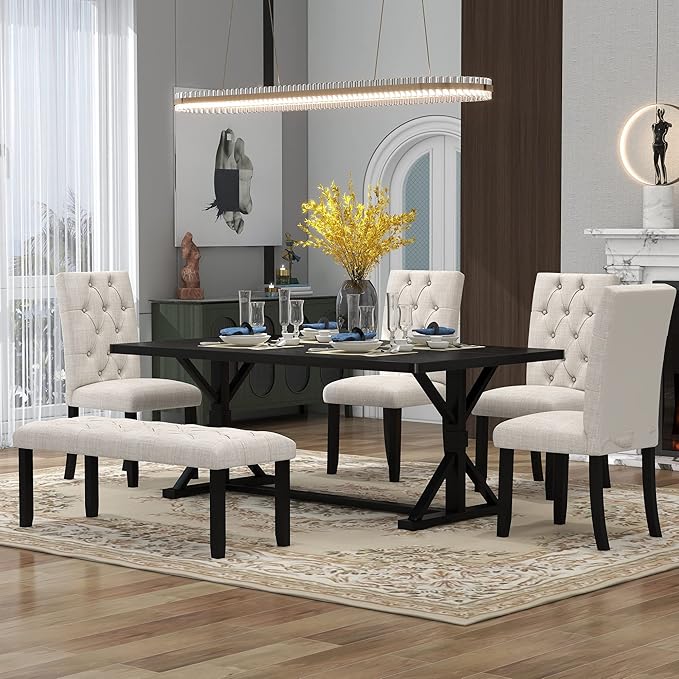 Ball & Cast 6 Piece Dining Table Set with 4 Upholstered Chairs and 1 Bench,Wooden Living Room Furniture for 6 W/ 72" Rectangle Desk,for Small Space,Apartment,Dining Room,Espresso