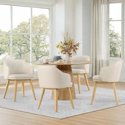 Wooden Dining Chairs Set of 4, Faux Leather Upholstered Modern Dining Room Chairs with Barrel Backrest & Double-Layer Thick Cushion for Living Room, Restaurant, Kitchen and Café, Beige, 2 Boxs