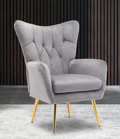 Container Furniture Direct Modern Chic Mid-Century Velvet Accent Armchair for Living Room, Bedroom, or Home Office, Button-Tufted Wingback Design with Gold Flared Legs, Grey