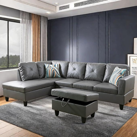 L Shaped Sectional Sofa with Ottoman, Leather Right Facing Modern Couches for Living Room, Bedroom, Office