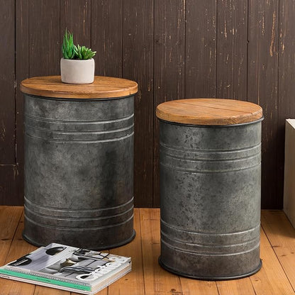 Glitzhome Farmhouse Accent Side Table, Metal Storage Stool Ottoman with Round Lid - Galvanized Coffee Cocktail End Tables Set of 2 for Living Room Bedroom, Grey